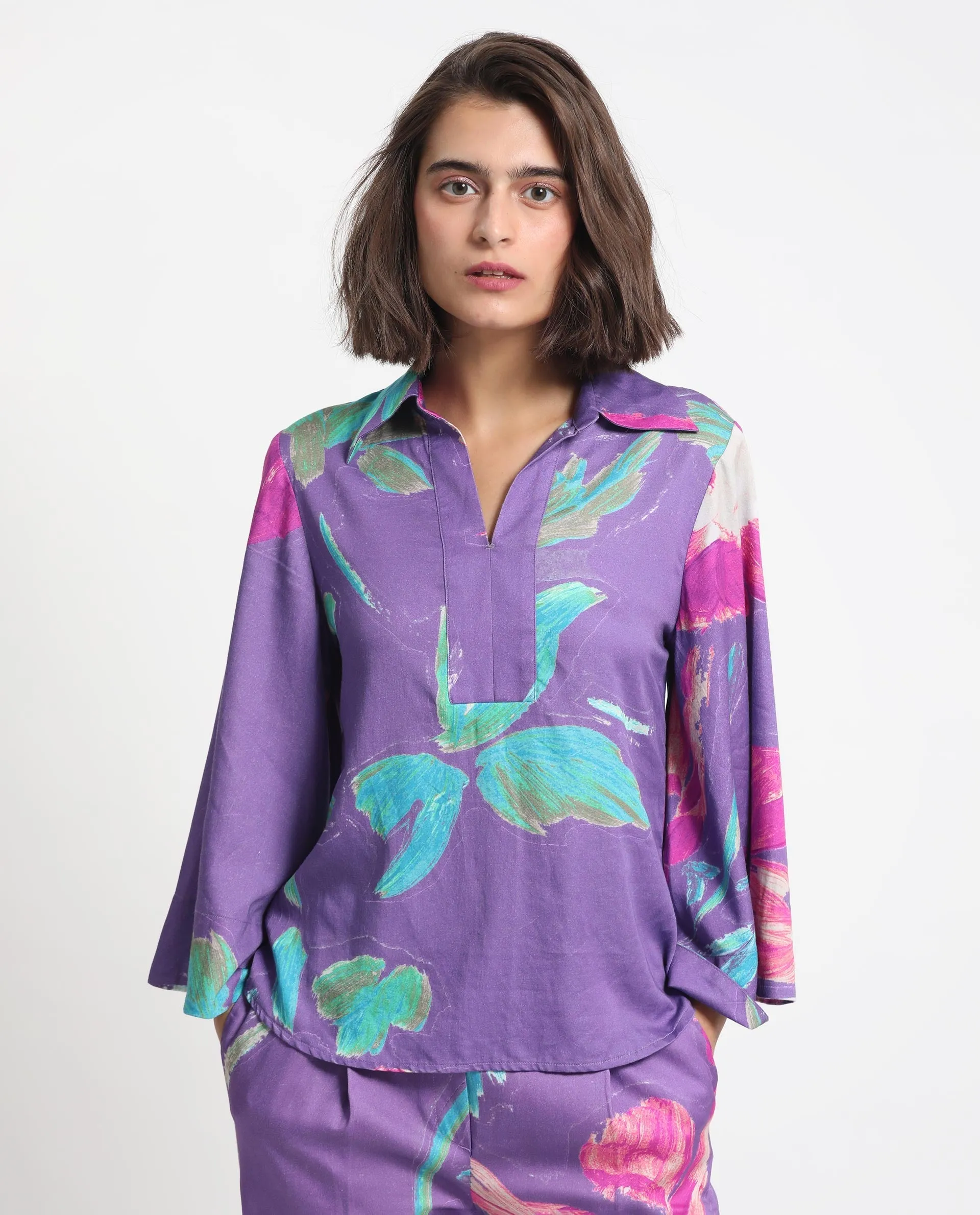 Rareism Women Ferguson Light Purple Cotton Fabric Full Sleeves Shirt Collar Flared Sleeve Tailored Fit Abstract Print Top