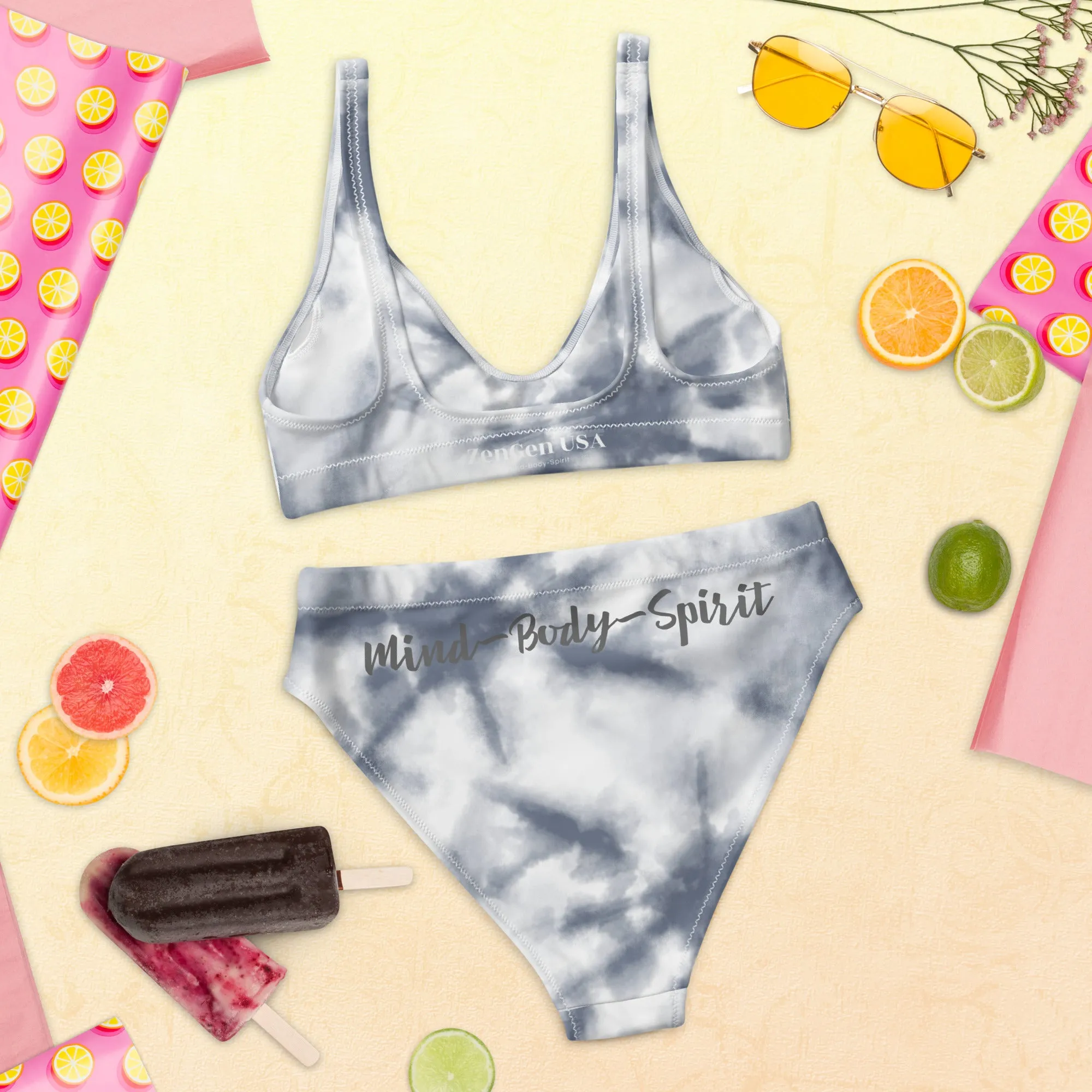 Recycled High-Waisted Bikini - Gray Tie Dye Print - ZenGen USA