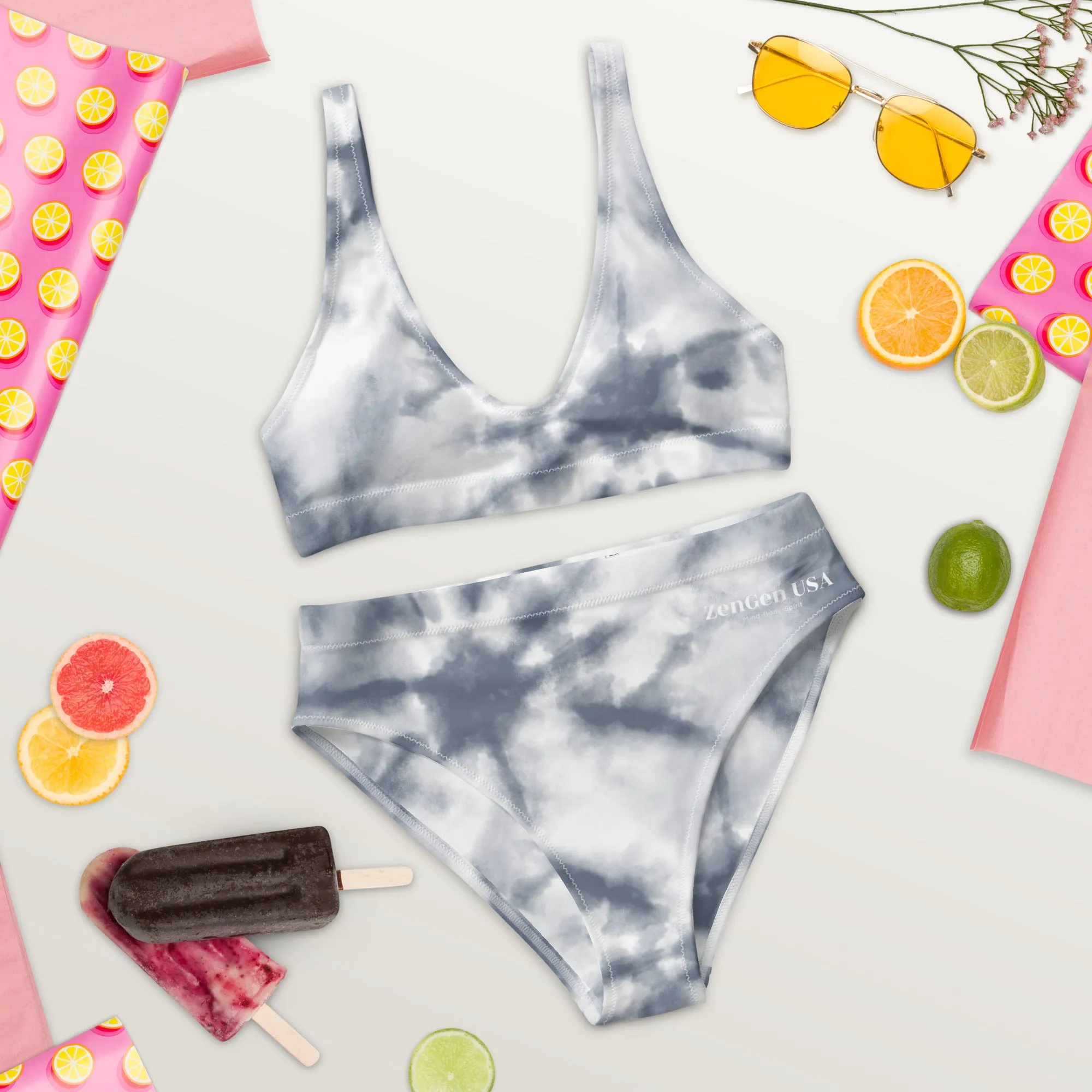 Recycled High-Waisted Bikini - Gray Tie Dye Print - ZenGen USA