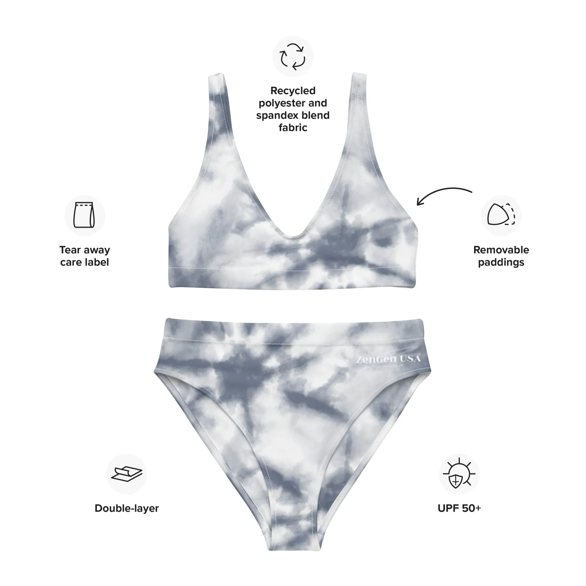 Recycled High-Waisted Bikini - Gray Tie Dye Print - ZenGen USA