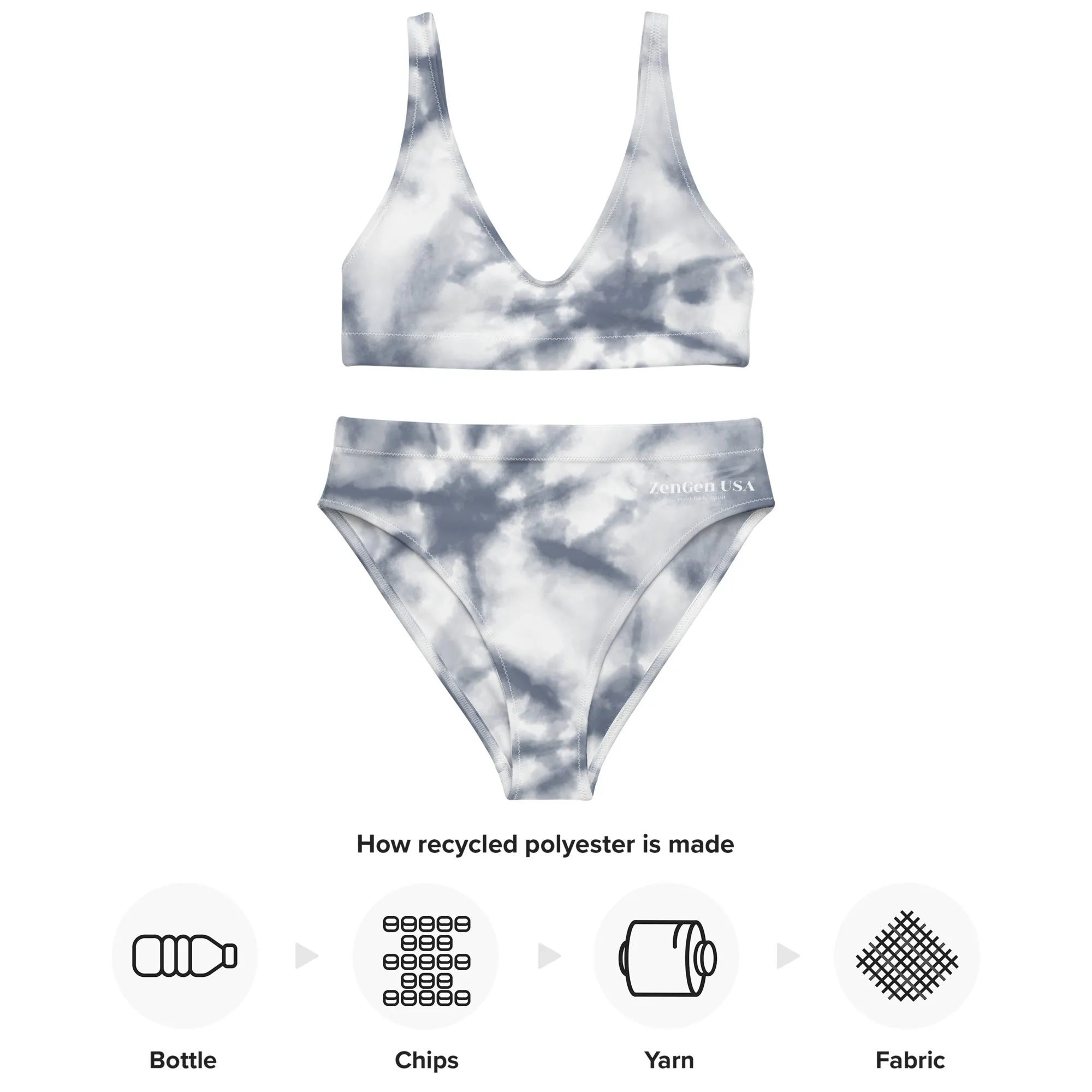 Recycled High-Waisted Bikini - Gray Tie Dye Print - ZenGen USA