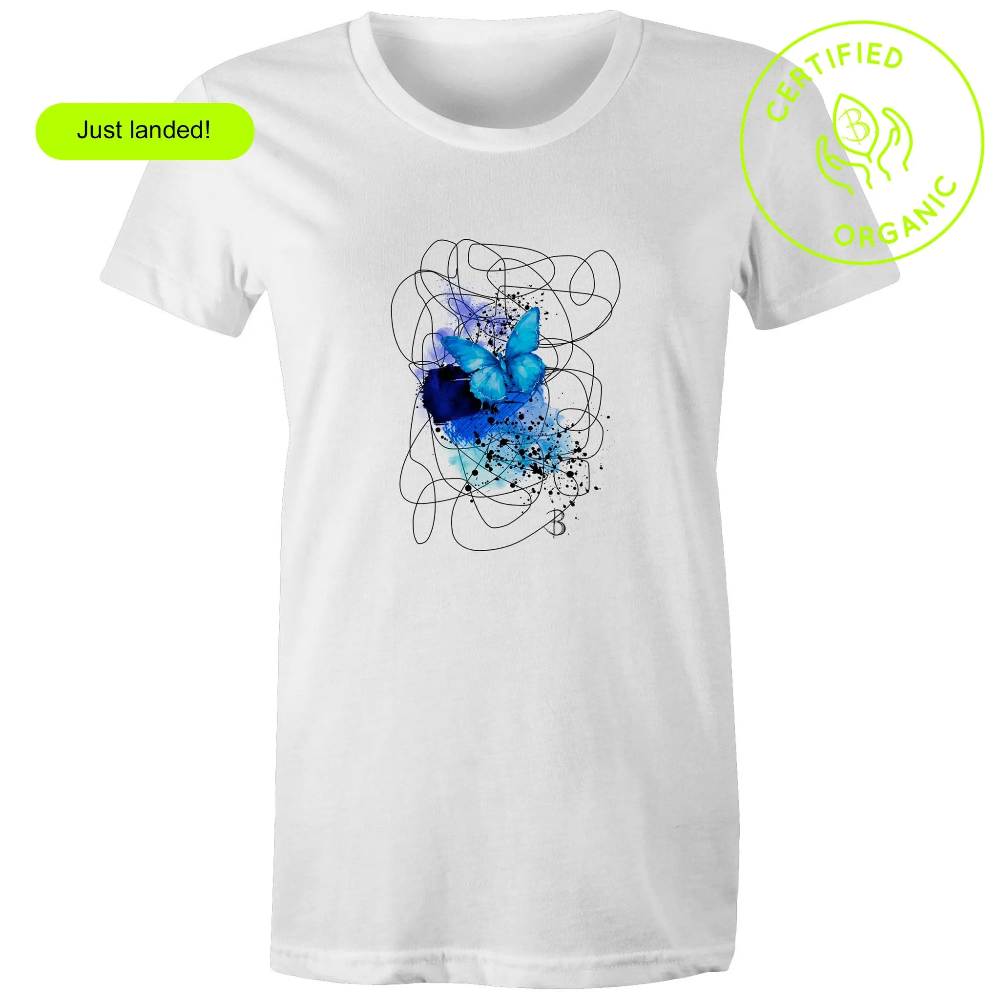 SWATCH BLUE WOMENS ORGANIC TEE - Butterfly Print Sustainable Premium Cotton - B. Streetwear